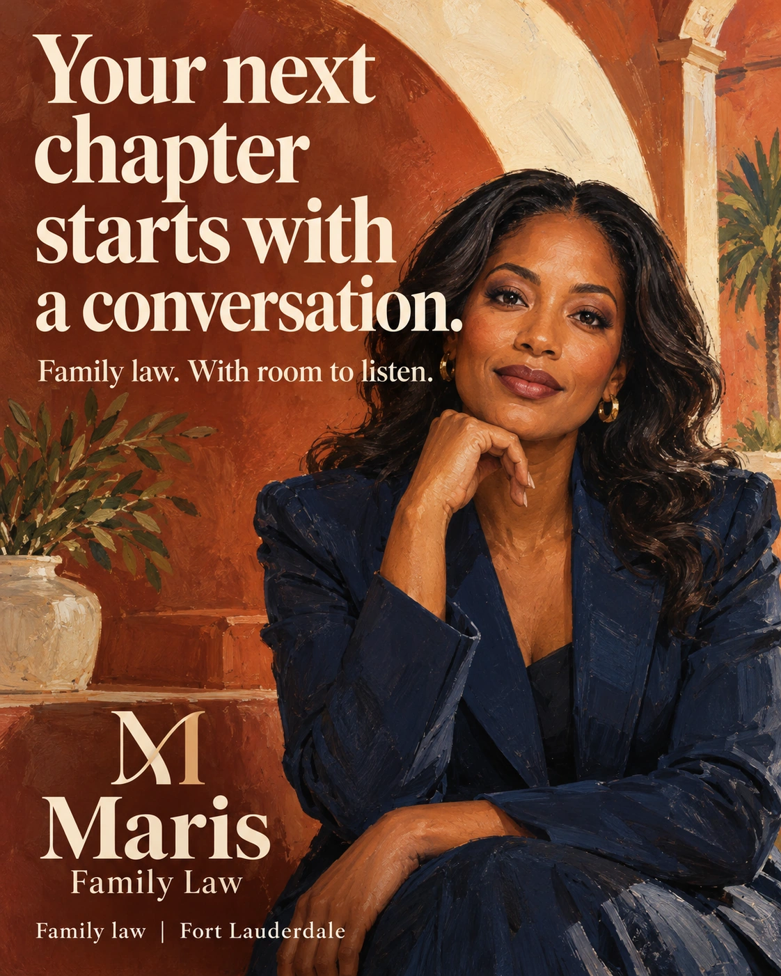 Illustrated family-law campaign with a fictional attorney portrait